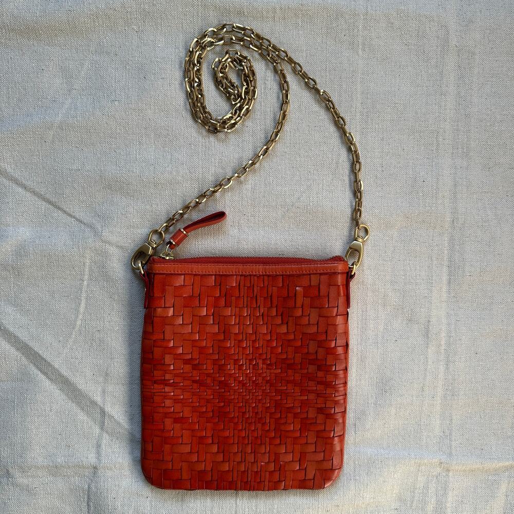 Cole Haan Red Burnt Orange Leather Shoulder Bag with Gold Chain Strap 7x8